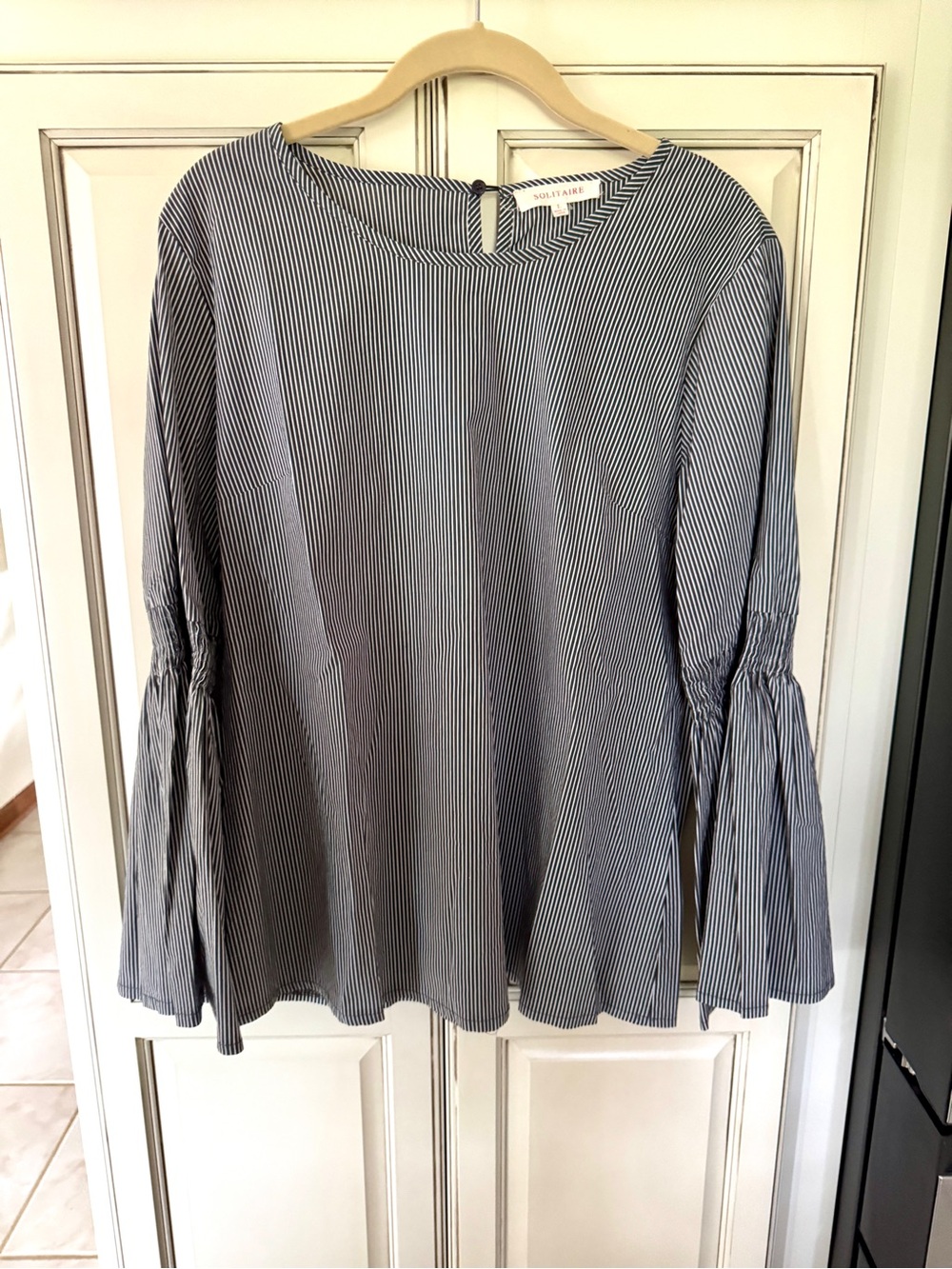 Solitaire Navy and White Striped Bell Sleeve Blouse